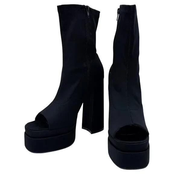 NIB Black Platform Open Toe Chunky Heel Lug Sole Casual Sexy Ankle Boots 10 - Picture 12 of 16